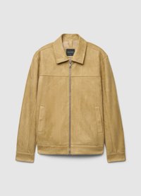 Hellbraune Wildlederjacke mit Kragen, Reißverschluss vorne und zwei Seitentaschen. Verfügt über eine glatte Textur und ein schlichtes, minimalistisches Design.