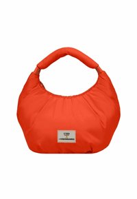 Borsa a mano imbottita rossa con una forma arrotondata e una texture morbida. Presenta un manico corto imbottito e un'etichetta con il logo sul fronte.