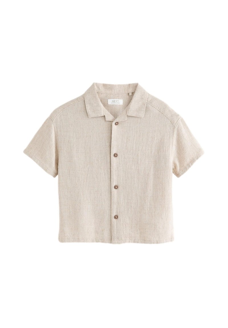 Korte mouwen overhemd met knoopsluiting in licht beige linnenstof, met een klassieke kraag en bruine knopen, met een gestructureerde afwerking en een losse pasvorm.