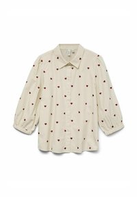 Ljusbeige skjorta med knäppning fram, krage och ärmar som går till tre fjärdedelar, med röda hjärtan som är jämnt fördelade över tyget.