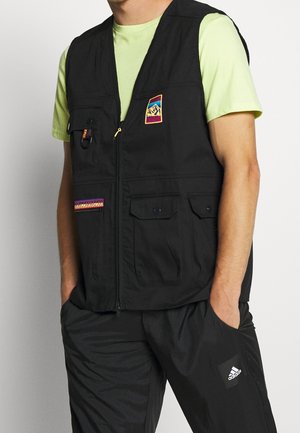 Homme portant un gilet utilitaire noir avec un écusson de montagne sur une chemise à manches courtes vert clair et un pantalon noir Adidas, les mains dans les poches.