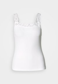 White tank top with adjustable straps, featuring a decorative lace trim along the neckline and a fitted, ribbed texture.