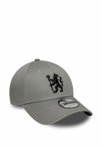 Grau Baseballcap aus Baumwolle, mit einem gestickten schwarzen Löwenlogo auf der Vorderseite, verstellbarem Riemen und gebogenem Schirm.