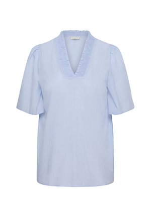 Blusa de manga corta azul claro con escote en V, ribete con volantes y hombros ligeramente abullonados.