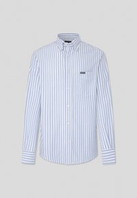 Camicia a maniche lunghe a righe blu e bianche con colletto button-down, taschino sul petto e righe a contrasto sui polsini. Tessuto in cotone.