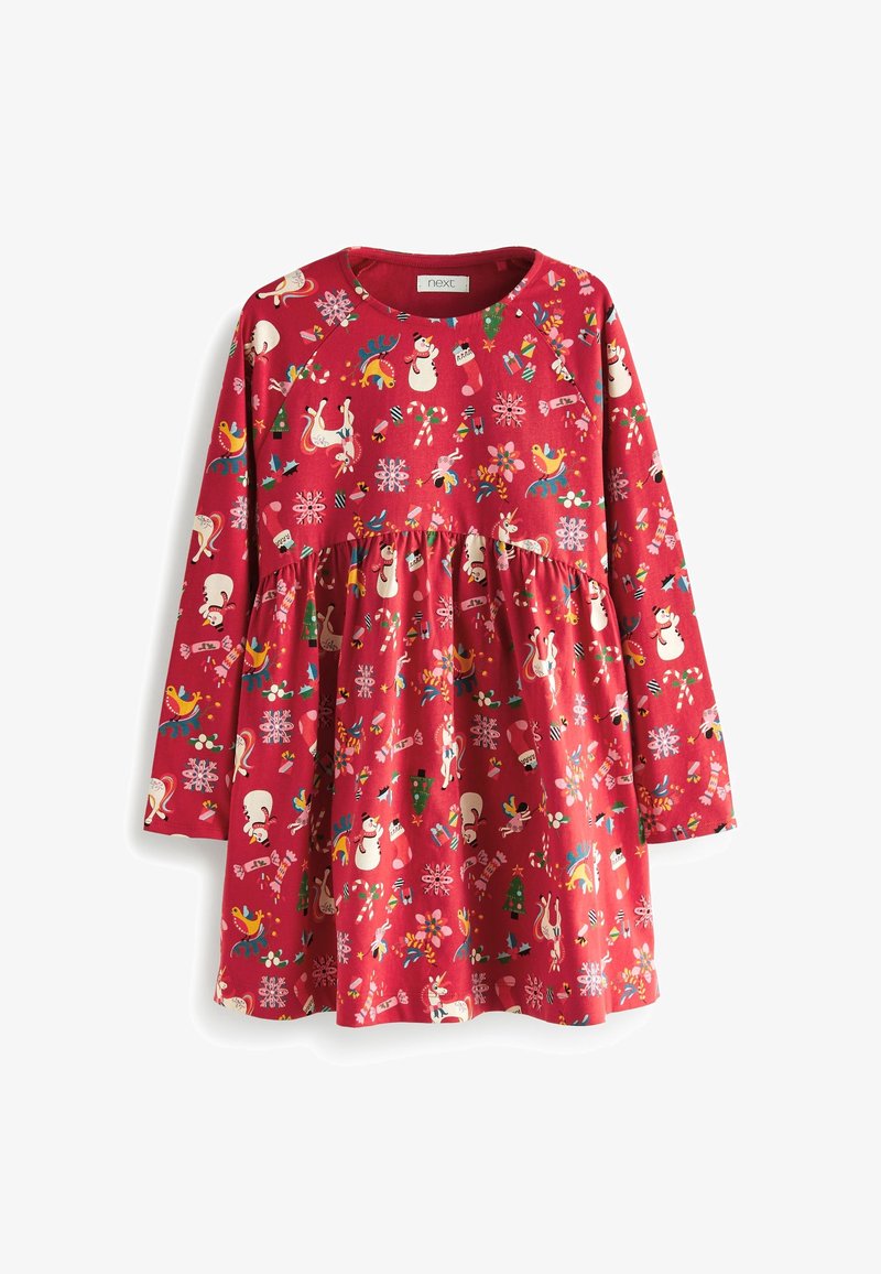 Robe rouge à manches longues pour enfants avec taille froncée, présentant des motifs de Noël colorés incluant des bonhommes de neige, des cannes en sucre d’orge, des oiseaux et des rennes.