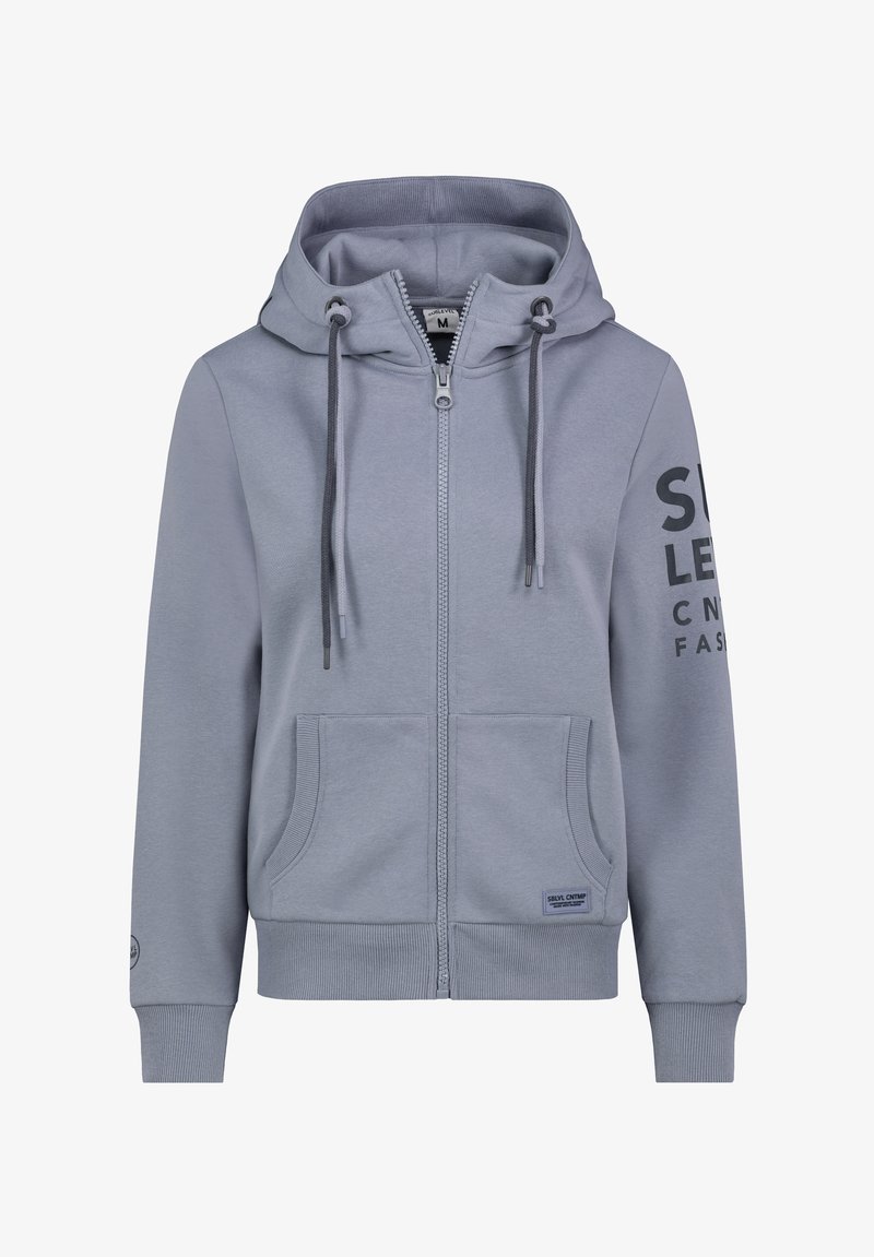 Grauer Reißverschluss-Hoodie mit Kapuze, Kordelzügen, Fronttaschen und "SURLY" auf dem linken Arm gedruckt. Hergestellt aus weichem, strukturiertem Stoff.