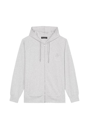 Sudadera gris con cremallera y capucha, mangas largas tipo raglán, dos bolsillos frontales y un sutil logo en el pecho. Fabricada con una suave mezcla de algodón.