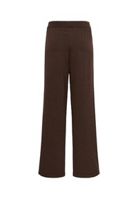 Pantalon marron à jambes larges avec une taille élastique, vu de dos sur fond blanc uni. Pas de poches ou décorations visibles.