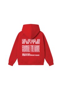 Sweat à capuche rouge avec un grand texte blanc dans le dos disant "Change The Game" et un texte plus petit au-dessus et en dessous à propos d'un style intrépide et de se démarquer.