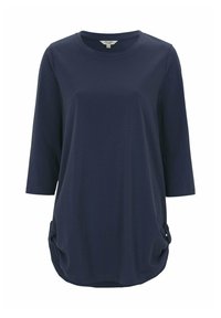 Marineblaues, langärmliges Oberteil aus weichem Stoff, mit rundem Ausschnitt und gerafften Seiten mit Knopfakzenten.