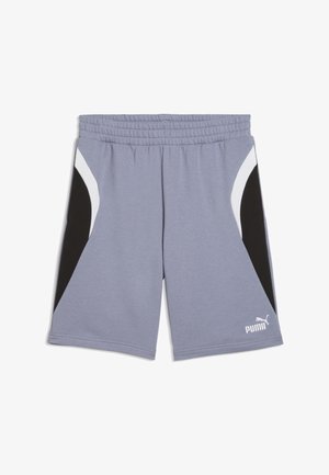 Lichtgrijze sportbroekjes met zwarte en witte zijpanelen, elastische tailleband en wit Puma-logo op het linkerbeen.