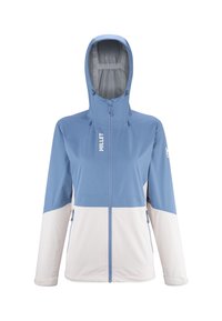 Hellblau und weiße Jacke mit vollem Reißverschluss, verstellbarem Kapuze und zwei Fronttaschen. Mit einem Logo auf der Brust. Glatte Textur.