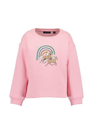 Pinkes Sweatshirt mit langen Ärmeln und Rundhalsausschnitt, vorne mit zwei laufenden Pferden unter einem Design mit drei Regenbogenbögen.