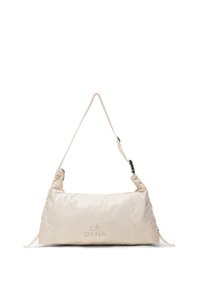 Weiche, rechteckige Schultertasche in Cremeton mit verstellbarem Riemen und dem auf der vorderen Mitte eingeprägten DEHA-Logo.