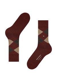Par de calcetines marrones con un patrón argyle en beige, gris oscuro y naranja en la pantorrilla, con la marca "Burlington Edinburgh" en el pie.