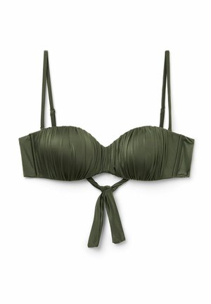 Olivgrön bikinitopp med rynkad textur, underwire-stöd, justerbara axelband och en knytdetalj framtill. Slät tygfinish.