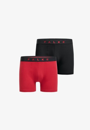 Zwei Paare Falke Boxershorts: eine rote, eine schwarze. Hergestellt aus dehnbarem Baumwollmaterial, mit einer glatten Textur und einem schwarzen Bund mit Logo.