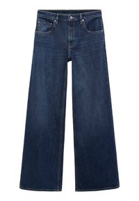 Jean large bleu marine en denim, avec poches avant, passants de ceinture et bouton de fermeture à la taille.