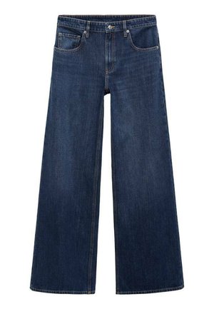 Jean large bleu marine en denim, avec poches avant, passants de ceinture et bouton de fermeture à la taille.