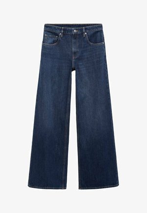 Jean large bleu marine en denim, avec poches avant, passants de ceinture et bouton de fermeture à la taille.