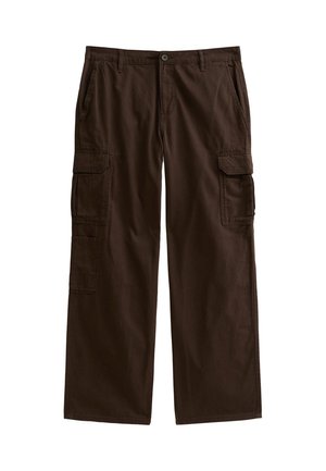 Pantaloni cargo marroni realizzati in un tessuto resistente, caratterizzati da quattro tasche, chiusura con bottone e vestibilità rilassata.