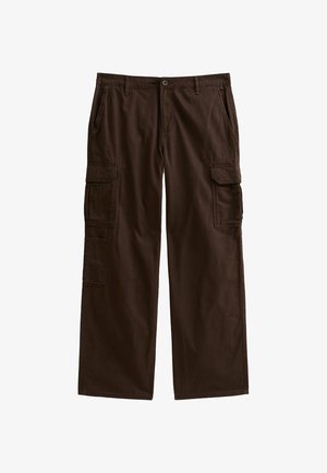 Braune Cargo-Hosen aus einem strapazierfähigen Stoff, mit vier Taschen, Knopfverschluss und einer lockeren Passform.