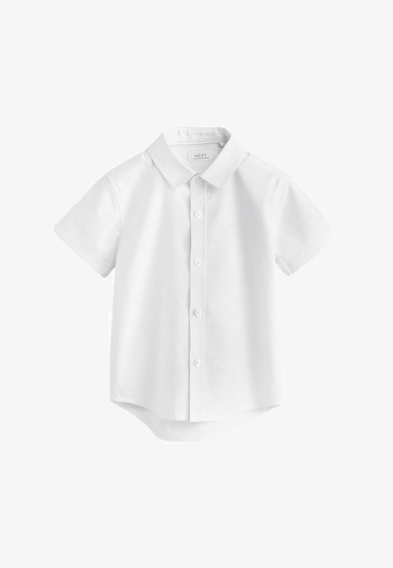 Witte short-sleeve shirt van gladde stof, met een puntige kraag, knoopsluiting aan de voorkant, afgeronde zoom en een zachte textuur.