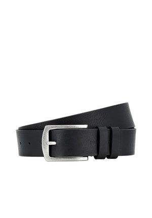 Black leather belt with silver rectangular buckle and two loops, rolled with visible adjustment holes on plain white background.
