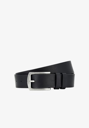 Black leather belt with silver rectangular buckle and two loops, rolled with visible adjustment holes on plain white background.