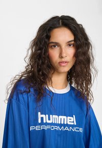 Blå sporttröja med vertikala ränder, vit krage och "hummel PERFORMANCE"-logotyp i fet vit text över bröstet.