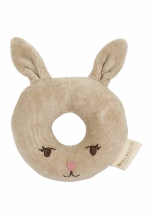 Soft beige baby teething ring shaped like a bunny head with embroidered eyes, pink nose, and two floppy ears.