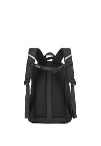 Zaino nero con spallacci regolabili e imbottiti, pannello posteriore in rete, dettagli riflettenti e design rettangolare semplice. Realizzato in tessuto resistente.