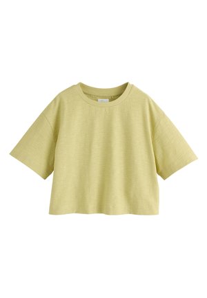Lysegrøn kortærmet T-shirt med rund halsudskæring og et diskret tekstureret stofmønster.