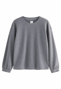 Sweatshirt grigio a maniche lunghe con costine, colletto tondo e polsini elasticizzati. Tessuto morbido e vestibilità comoda. Senza branding visibile.