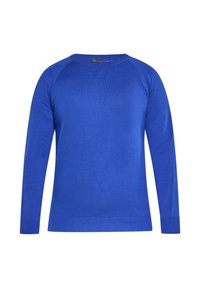 Langarm-Pullover mit Rundhalsausschnitt in leuchtendem Blau, mit gerippten Bündchen und Saum, auf einem weißen Hintergrund präsentiert.