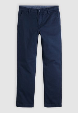 Pantalon décontracté pour homme, coupe droite, bleu foncé, avec passants pour ceinture et poches latérales avant, présenté à plat sur un fond neutre.