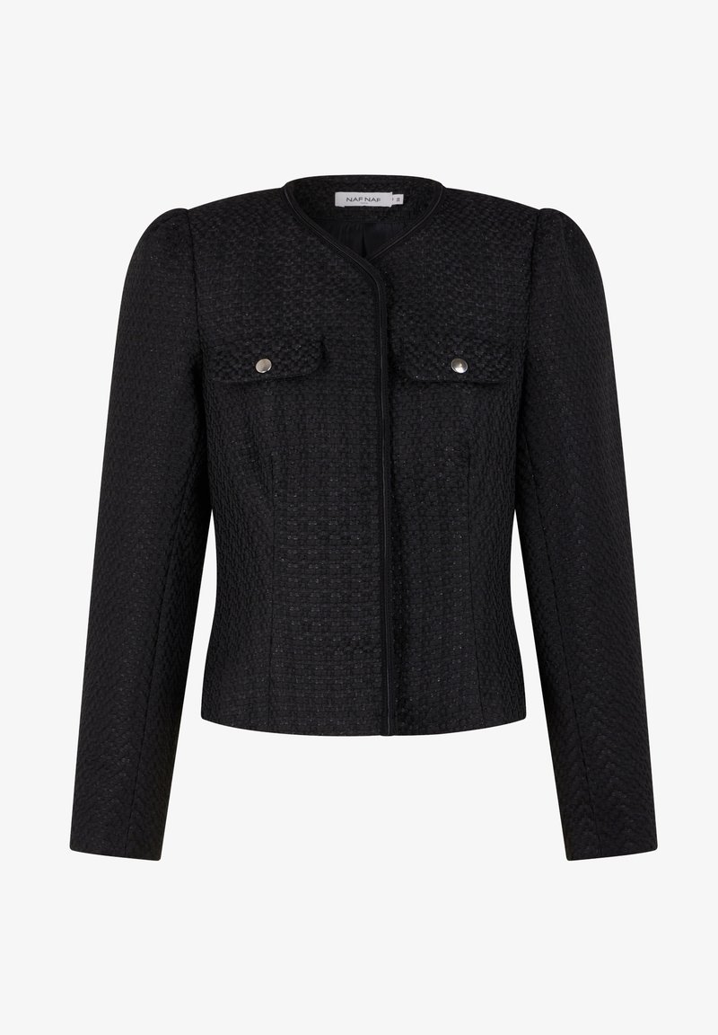 Veste longue noire pour femme à manches longues avec texture, col rond, deux poches avant à rabat avec boutons argentés, et une coupe ajustée.