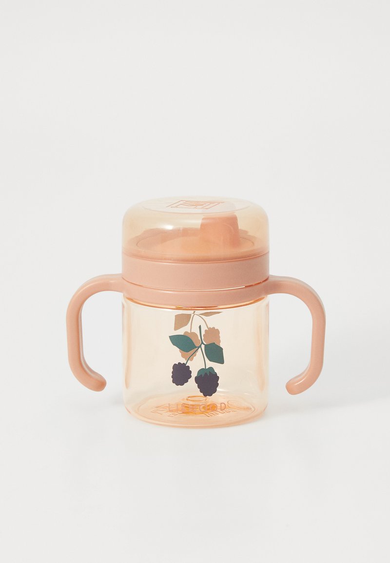 Permatomas persiko spalvos plastikinis puodelis su dviem rankenėlėmis, puošnias uogų vijokliais ir atitinkama permatoma dangteliu.