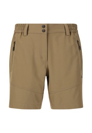 Khaki shorts met een elastische tailleband, twee voorzakken met rits, twee knoopsluitingen en contrasterende stiksels langs de naden. Lichtgewicht stof.