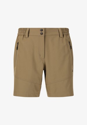 Khaki lyhyet housut joustavalla vyötäröllä, kaksi etutaskua vetoketjulla, kaksi nappisuljettavaa taskua ja kontrastiväriset ompeleet saumoissa. Kevyt materiaali.