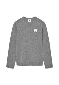 Gray knit sweater featuring a crew neckline and ribbed cuffs. A white letter "W" is embroidered on the left chest. Soft texture.