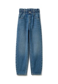 Jeans de mezclilla azul claro con cintura elástica, que presentan un corte relajado y pequeños puntos decorativos plateados en toda la tela.