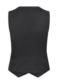 Tmavě šedý přizpůsobený veston, zadní pohled, s jemnými švy a špičatým lemem ve středu spodní části.