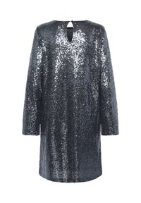 Robe noire à manches longues avec sequins, petite ouverture en forme de trou dans le dos et fermeture par bouton au niveau de l'encolure.