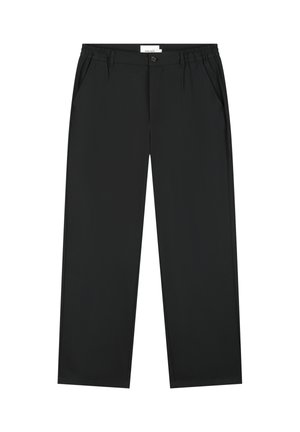 Zwarte, rechte broek gemaakt van lichte stof. Voorzien van een elastische tailleband, zijzakken en een enkele knoopsluiting.