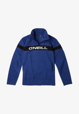 Blå fleecepullover med lynlåskrave, udstyret med en sort horisontal stribe og "O'NEILL" logo i hvid. Blød tekstur, afslappet pasform.