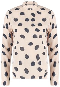Blusa a maniche lunghe rosa chiaro con polka dots neri a pennellate irregolari e colletto alto. Tessuto morbido e leggero.