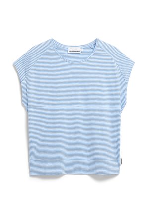 Lichtblauw gestreept T-shirt met korte mouwen, ronde halslijn en een ontspannen pasvorm. Gemaakt van een zachte stof met zichtbare stiknaden en een zijlabel.