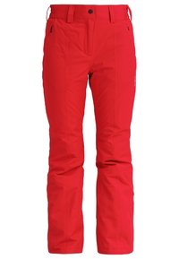 Pantalon de ski rouge en matériau durable et imperméable ; doté d'une taille ajustable, d'un design sans coutures et de poches latérales zippées.
